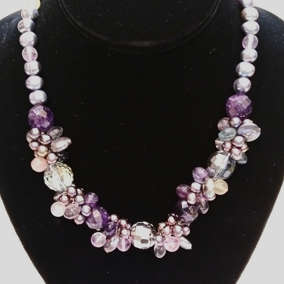 Hand Crafted Jewelry - Genuine Pearl Amethyst Crystal Gemstone Necklace